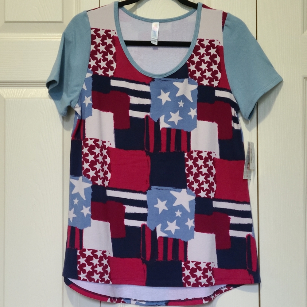 Patchwork Patriotic Stars Stripes Red White Blue Americana Modal Tee Small NWT